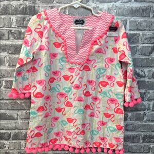 Girls Mud Pie‎ Pink Flamingo coverup with Pom Poms